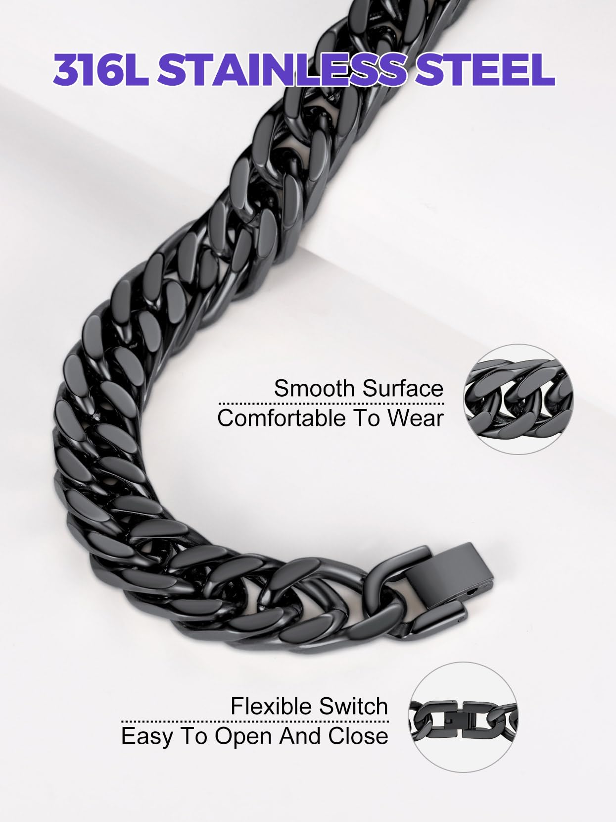 Minimalist Black 12mm Wide Chunky Cuban Link Curb Chain Bracelet
