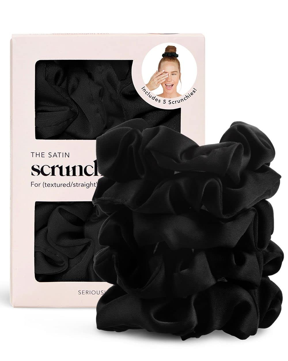 Minimalist Black Satin Hair Scrunchie, Set of 5