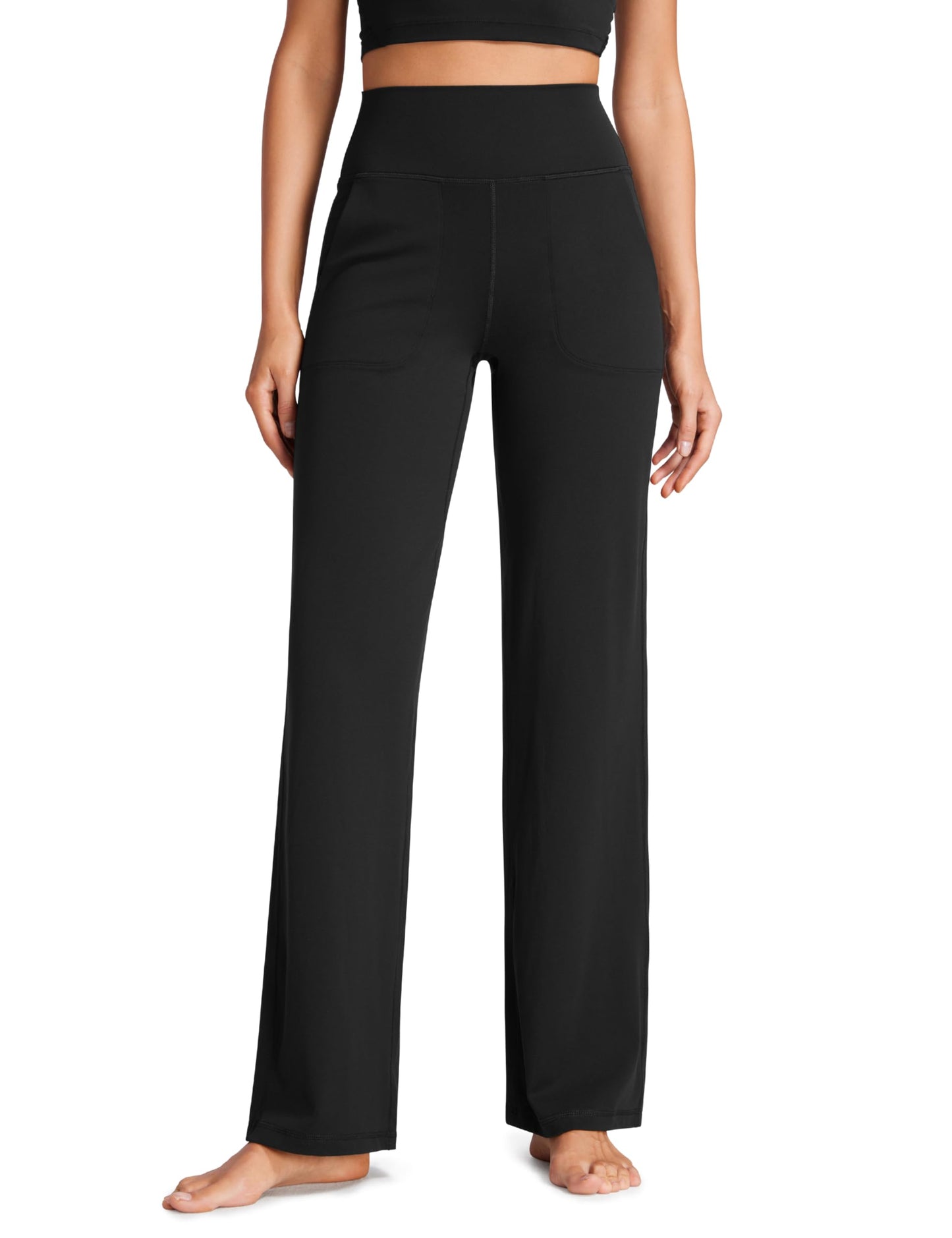 Minimalist Black Butterluxe High Waisted Wide Leg Women's Yoga Pants with Pockets, 31"