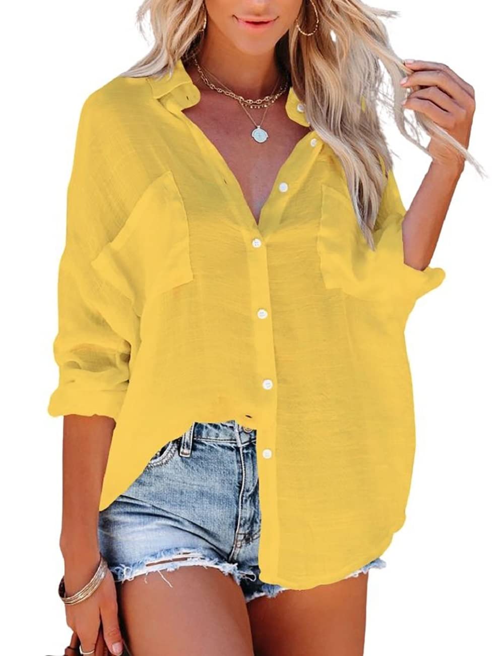 Minimalist Yellow Button Down Ladies Blouse, Beach Cover Up