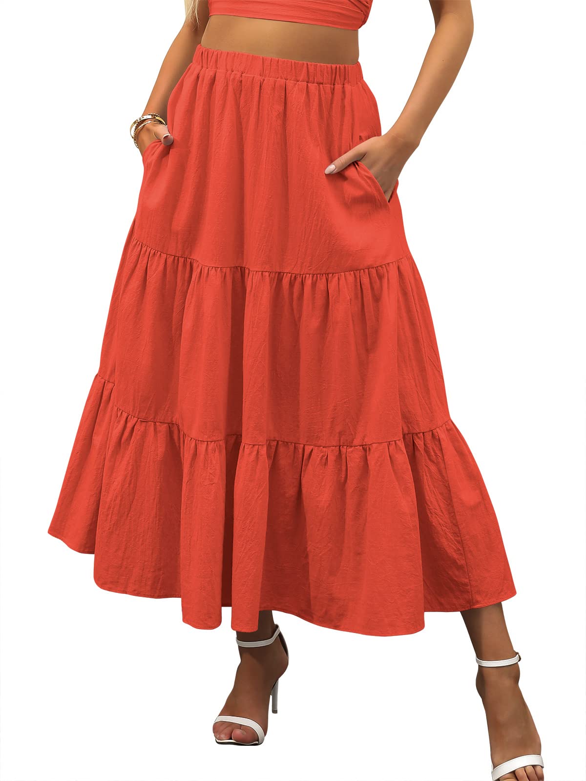 Minimalist Orange Boho Elastic Waist Flowy Women's Long Beach Skirt with Pockets