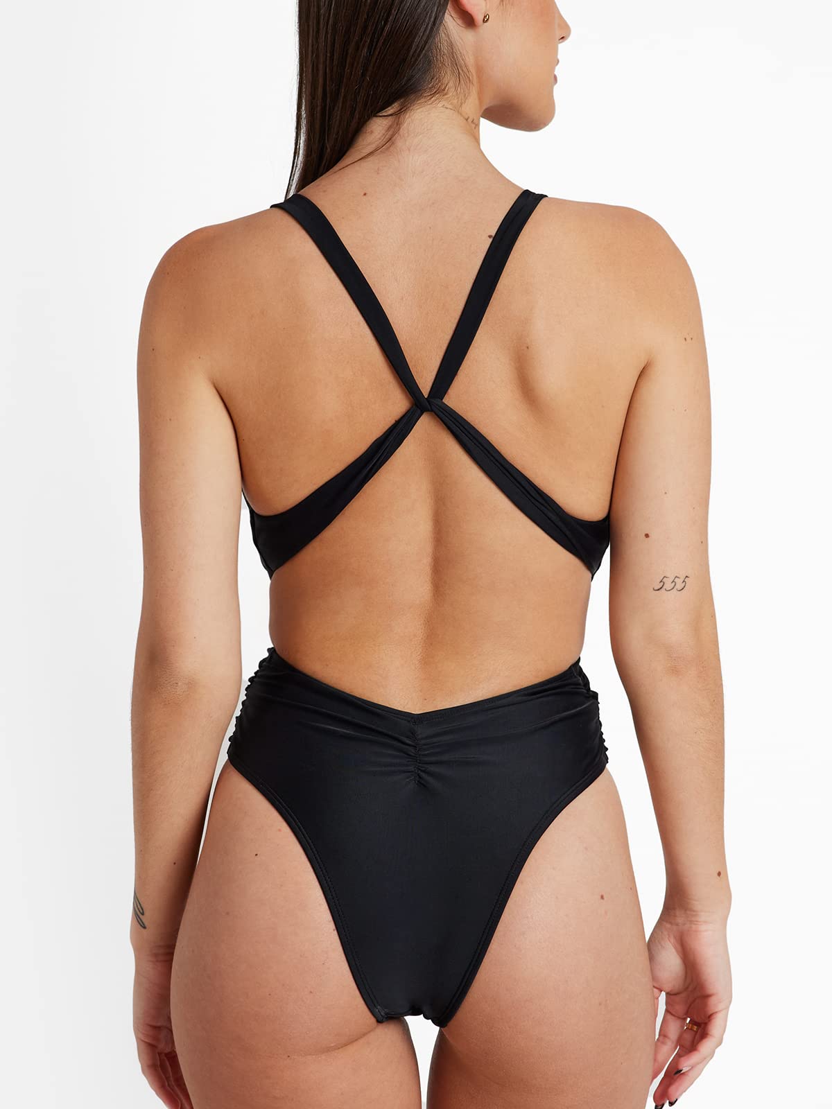 Minimalist Black One Piece Cut Out Ruched Swimsuit