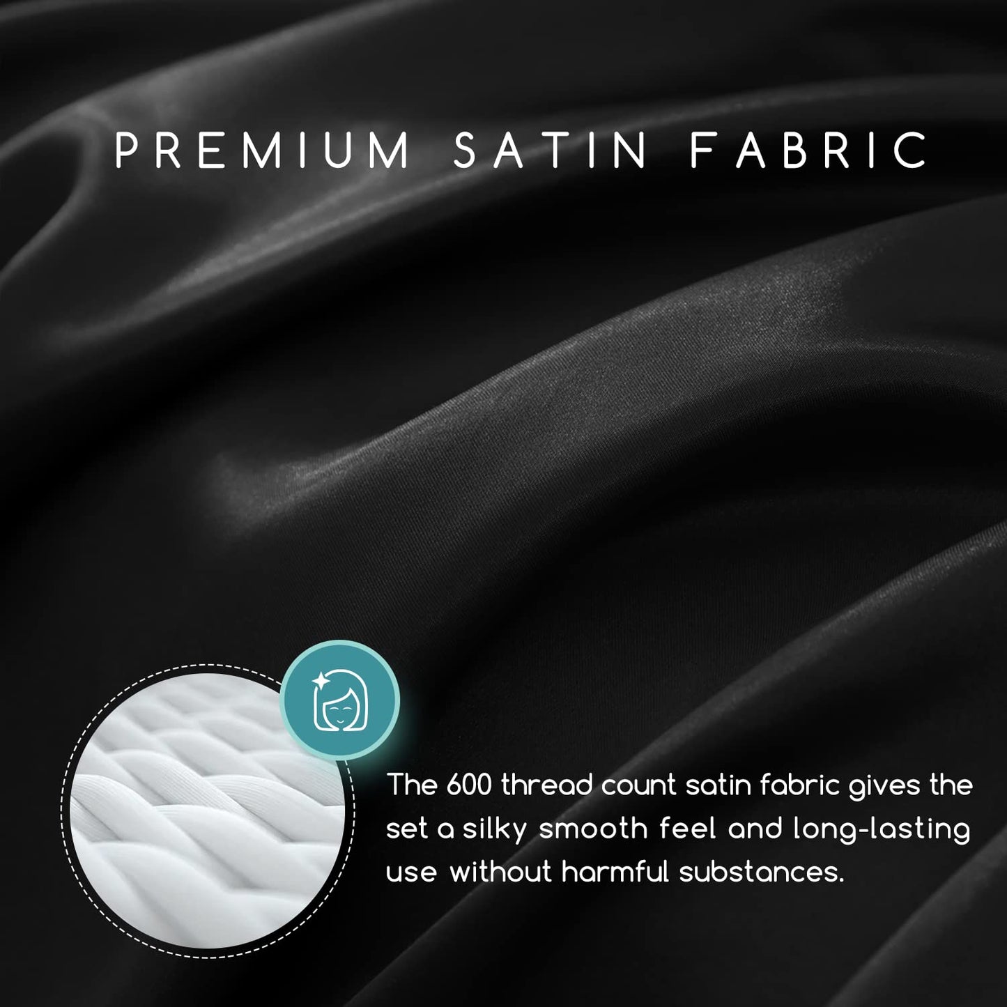 Minimalist Black Premium Satin Bed Sheets, 4 Pc set w/15" Deep Pocket, King size