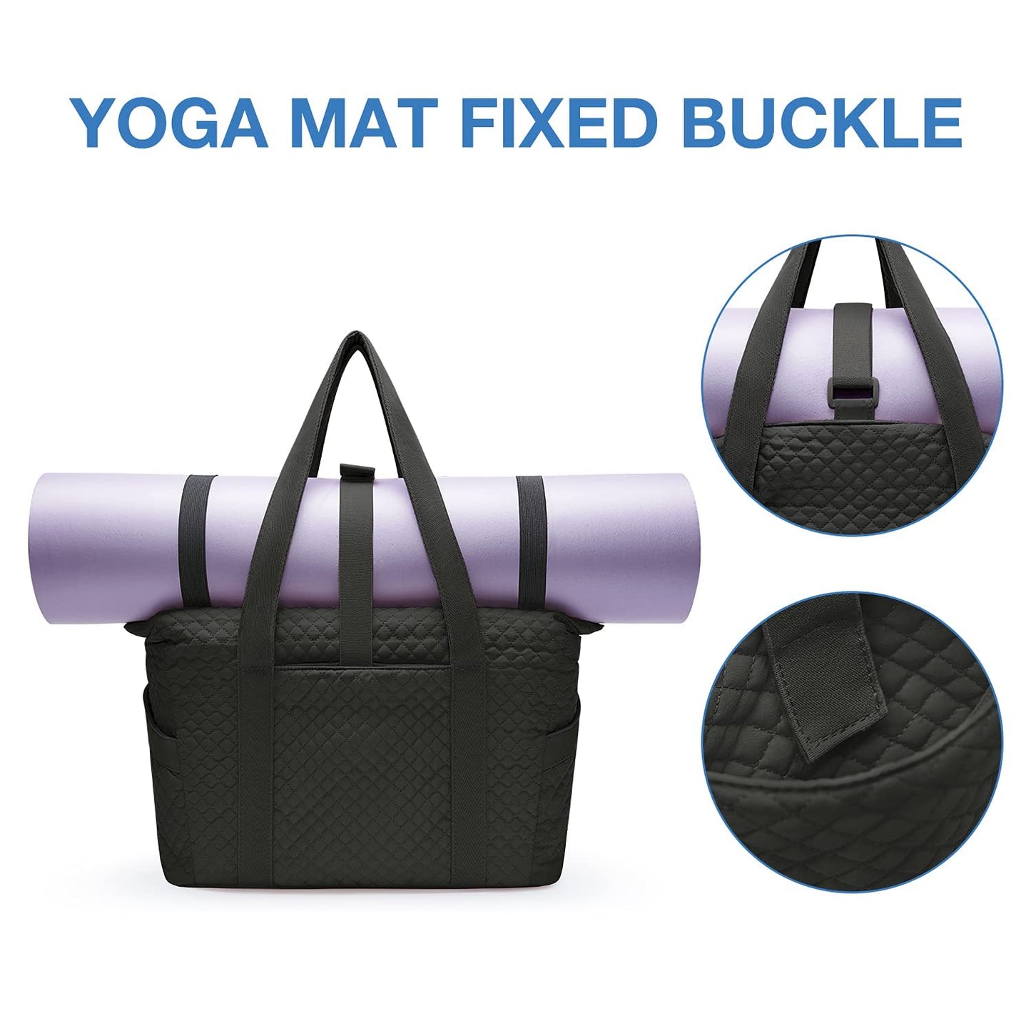 Minimalist Black Large Tote Bag w/Yoga Mat Buckle for Gym, Work, Travel