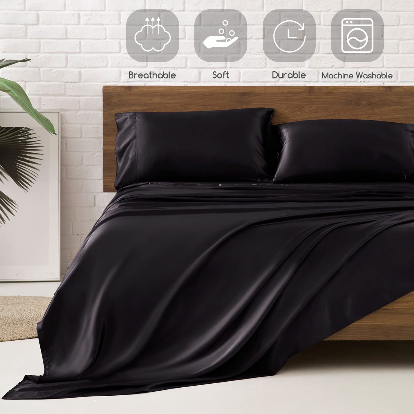 Minimalist Black Premium Satin Bed Sheets, 4 Pc set w/15" Deep Pocket, King size