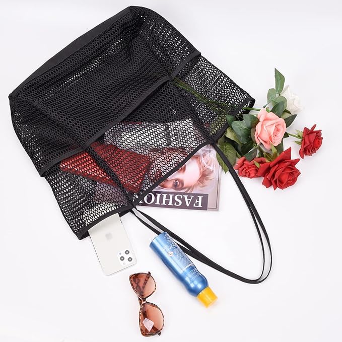 Minimalist Black Mesh Foldable Beach Tote Bag w/Zipper Pocket