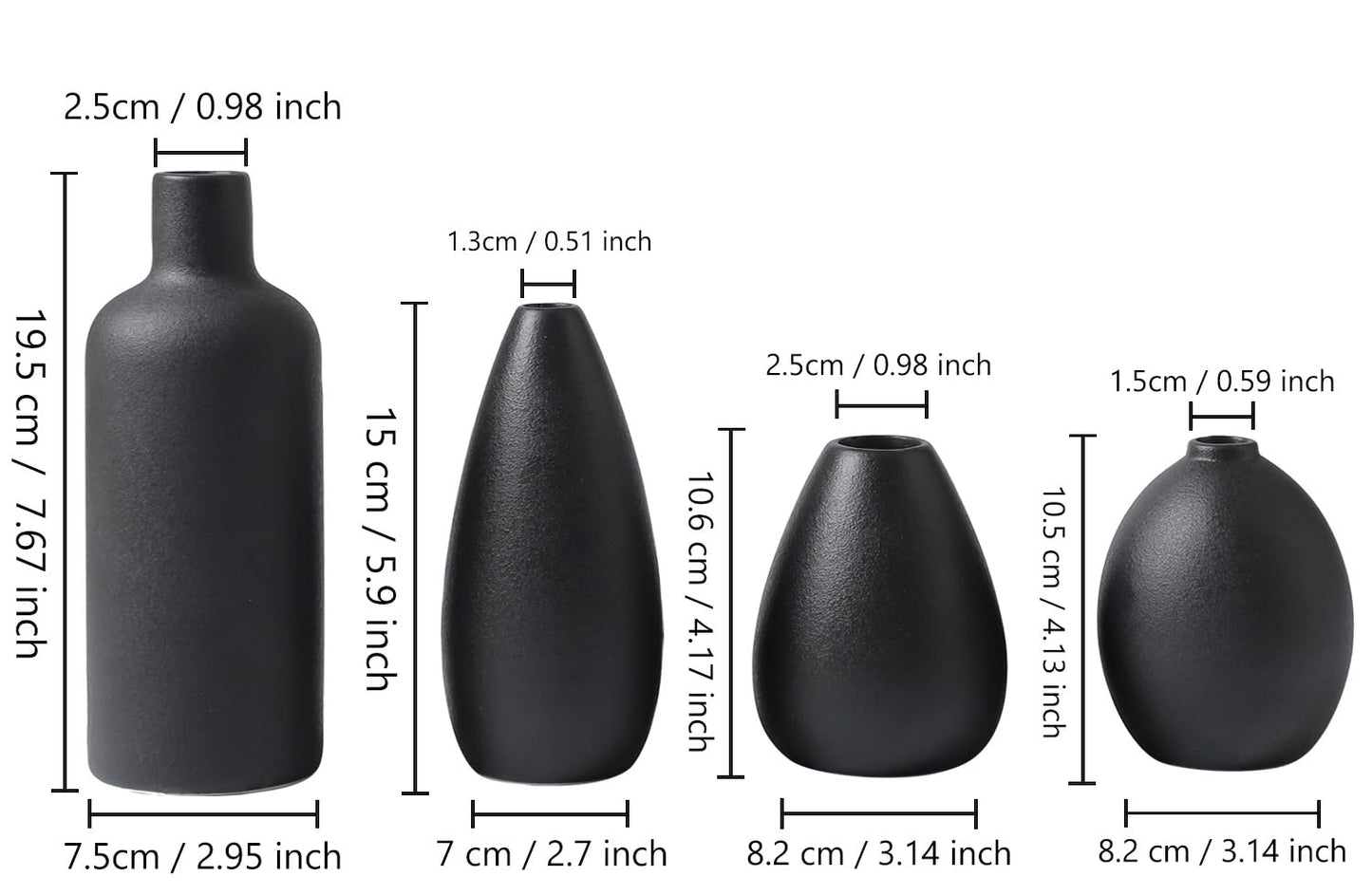 Minimalist Black Ceramic Vases for Flowers, Centerpieces, Dining Room, Office, Bedroom Entryway Table, Bookshelf, Set of 4