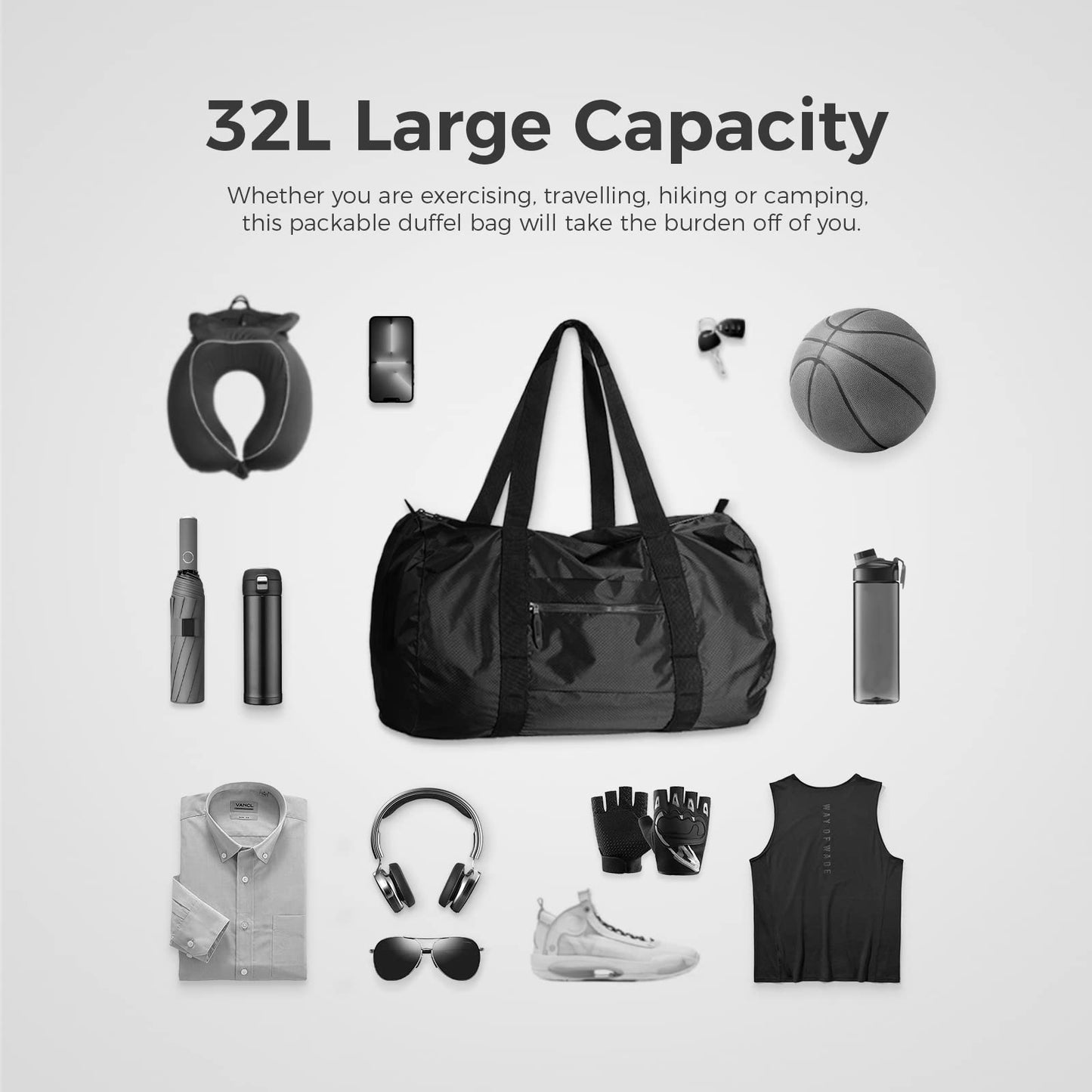 pack all 32L Foldable Travel Duffel Bag, Lightweight Weekender Bag, Water Resistant Gym Bag(Black)