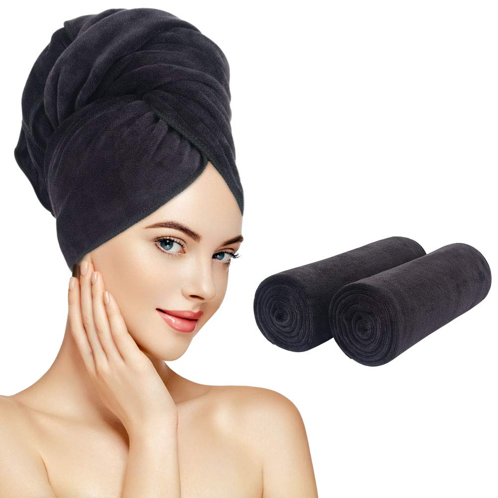 Minimalist Black Microfibre Hair Towel Wrap, 20"x40", Set of 2
