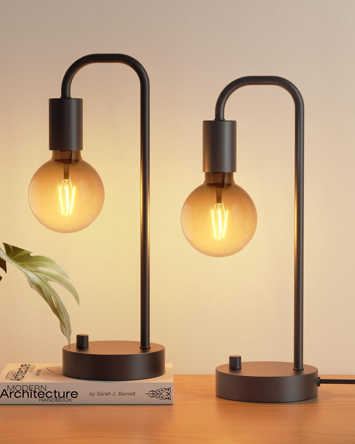 Minimalist Black Industrial Dimmable Table Lamp with Gradient Black Art LED Bulb, Set of 2