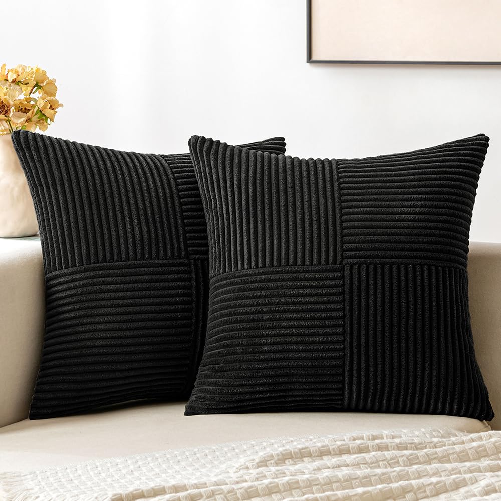 Minimalist Black Corduroy Throw Pillow Covers 18" x 18", 2pcs