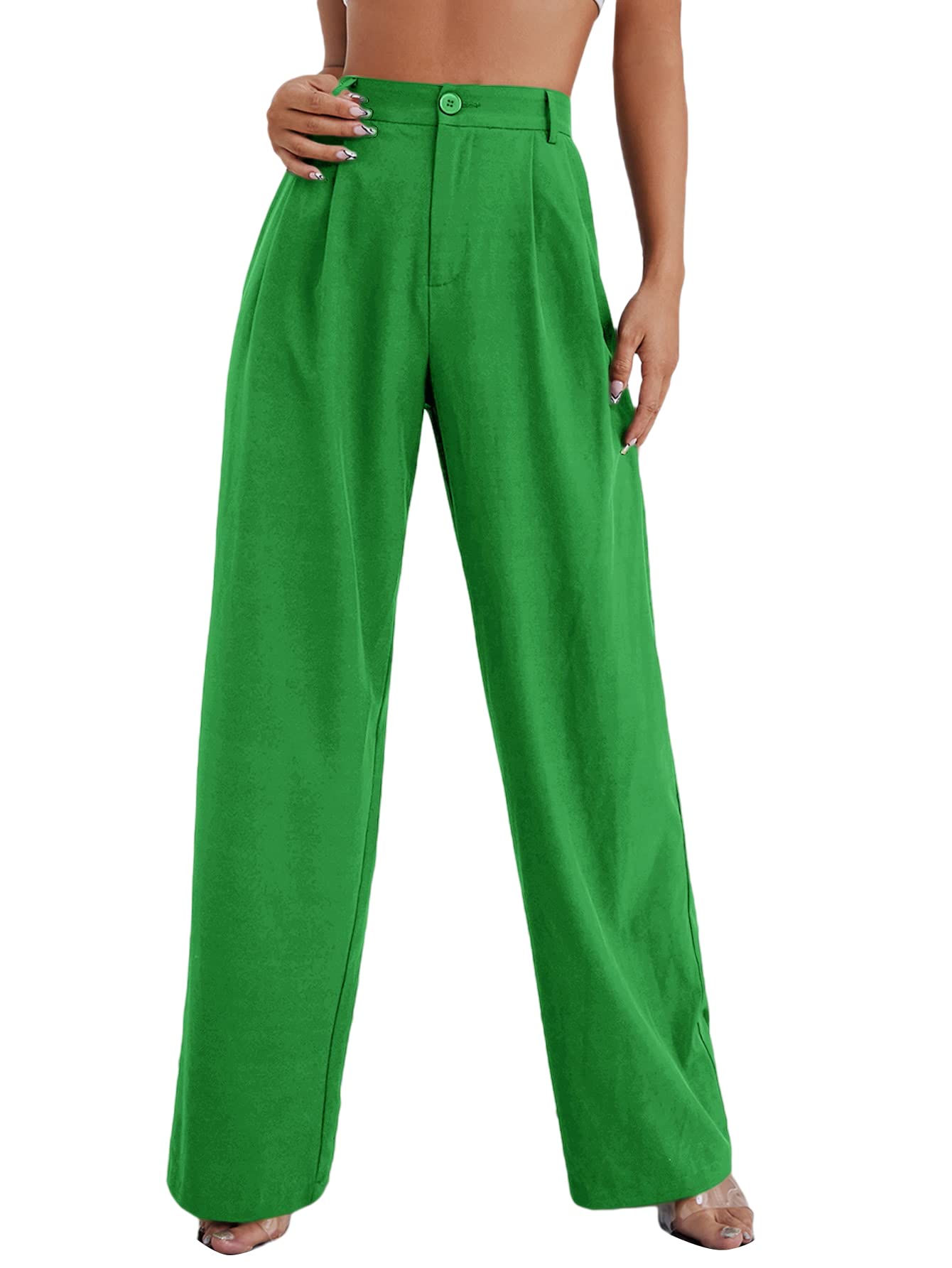 Minimalist Green High Waisted Palazzo Wide Leg Pants with Pockets