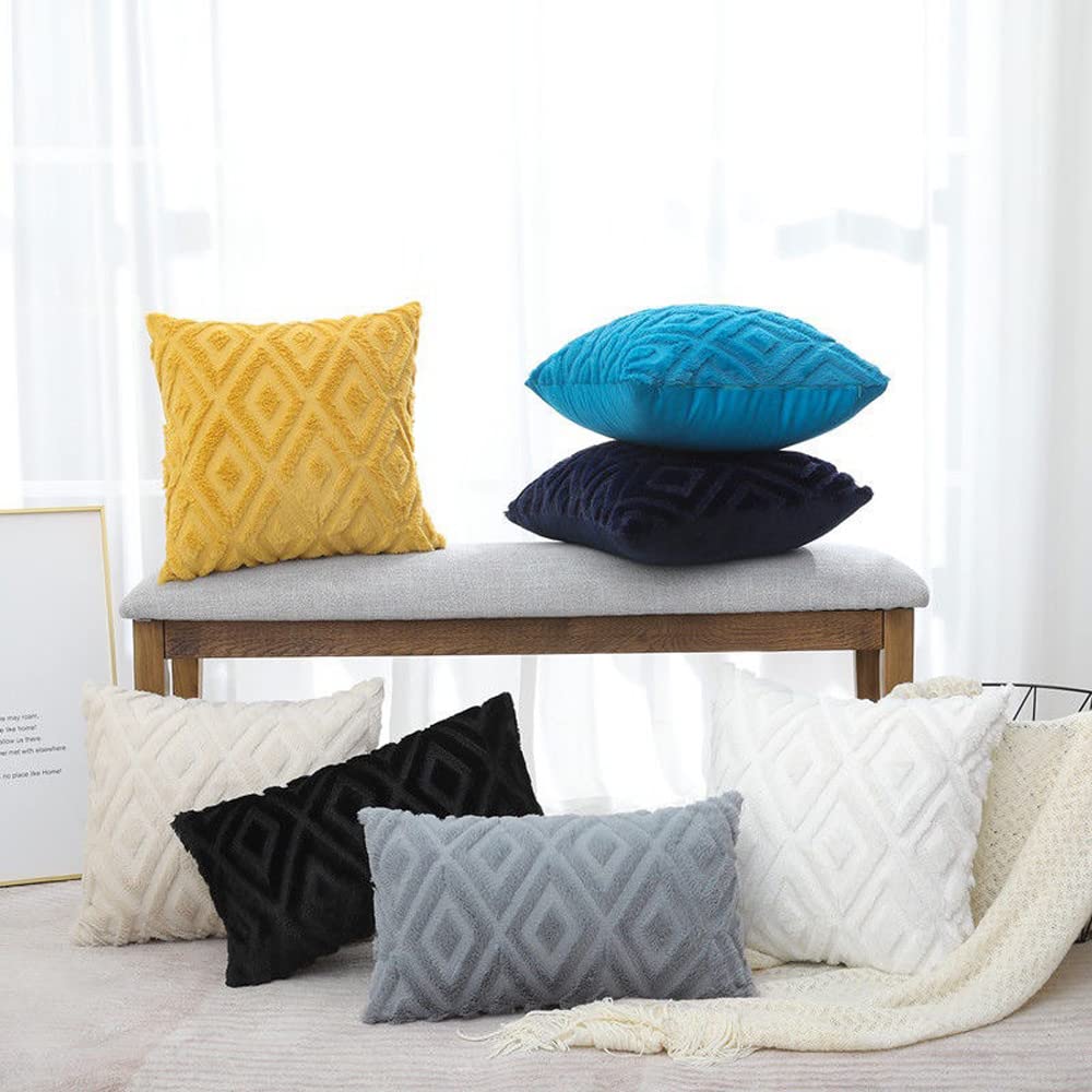 Minimalist Black Plush Faux Fur + Velvet Throw Pillow Covers 18" x 18", 2pcs