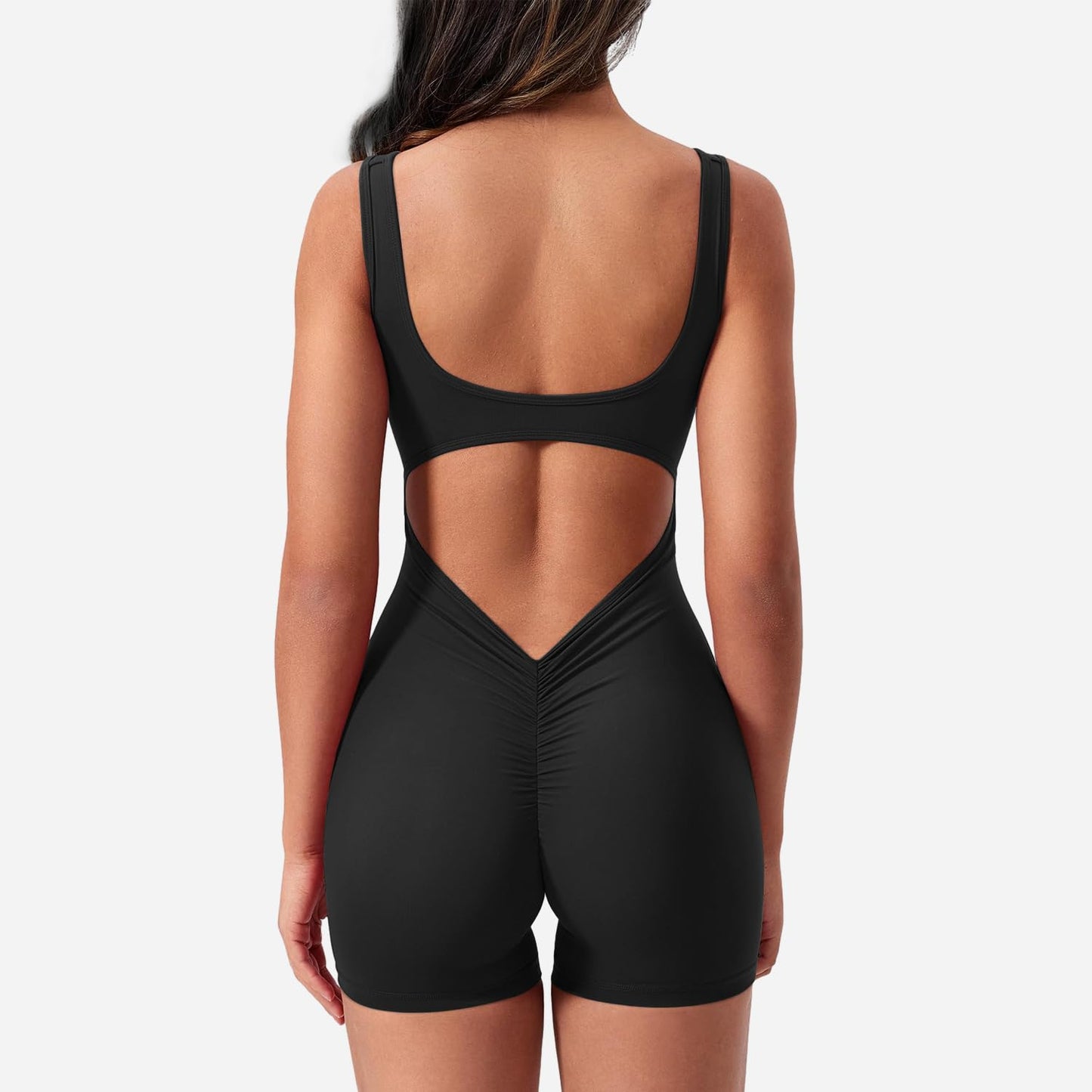 Minimalist Black Women's Sleeveless, Backless, V-Back Jumpsuit, Bodysuit, Romper