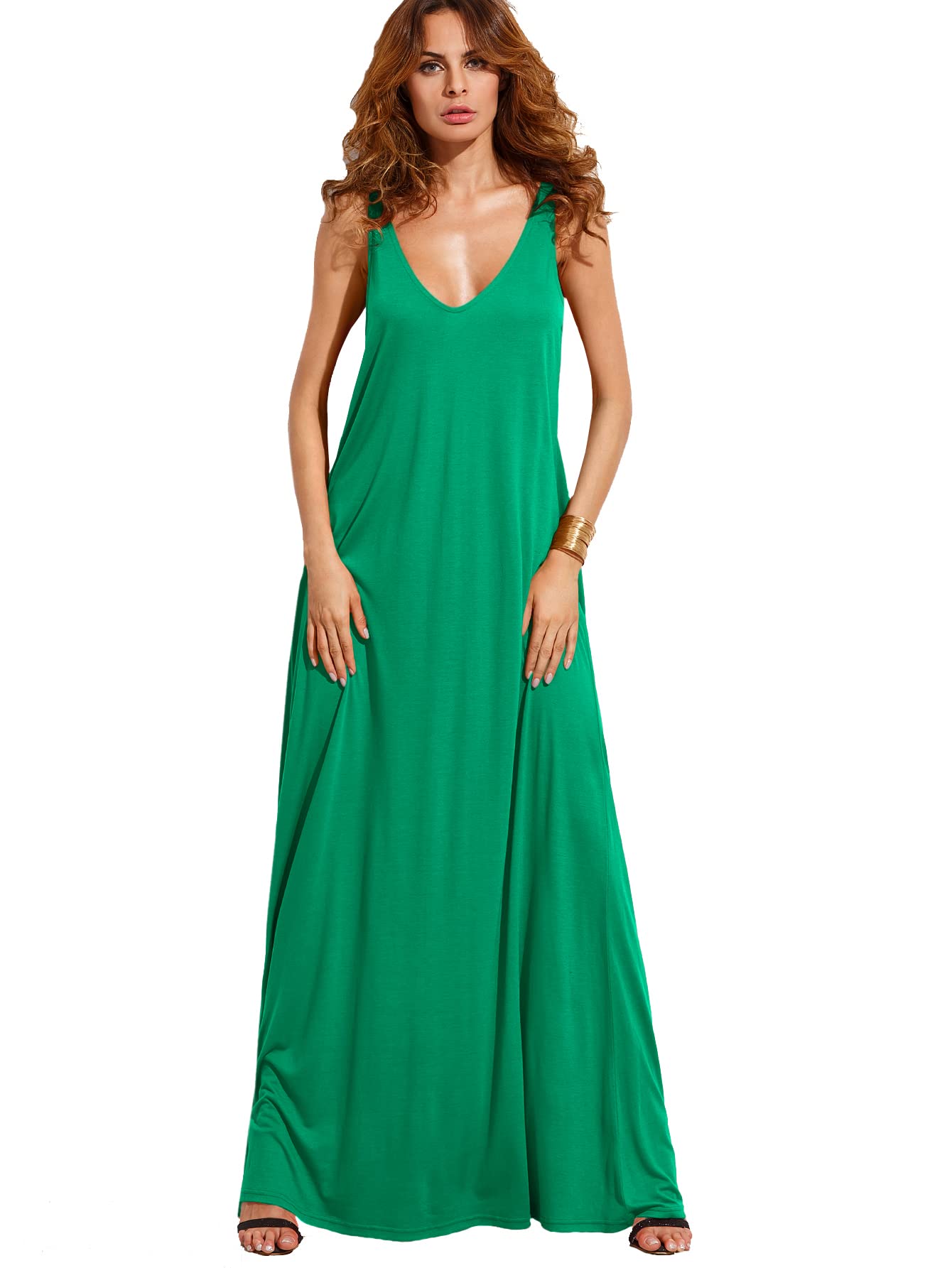 Minimalist Bright Green Casual Sleeveless Deep V Neck Women's Summer Beach Maxi Long Dress