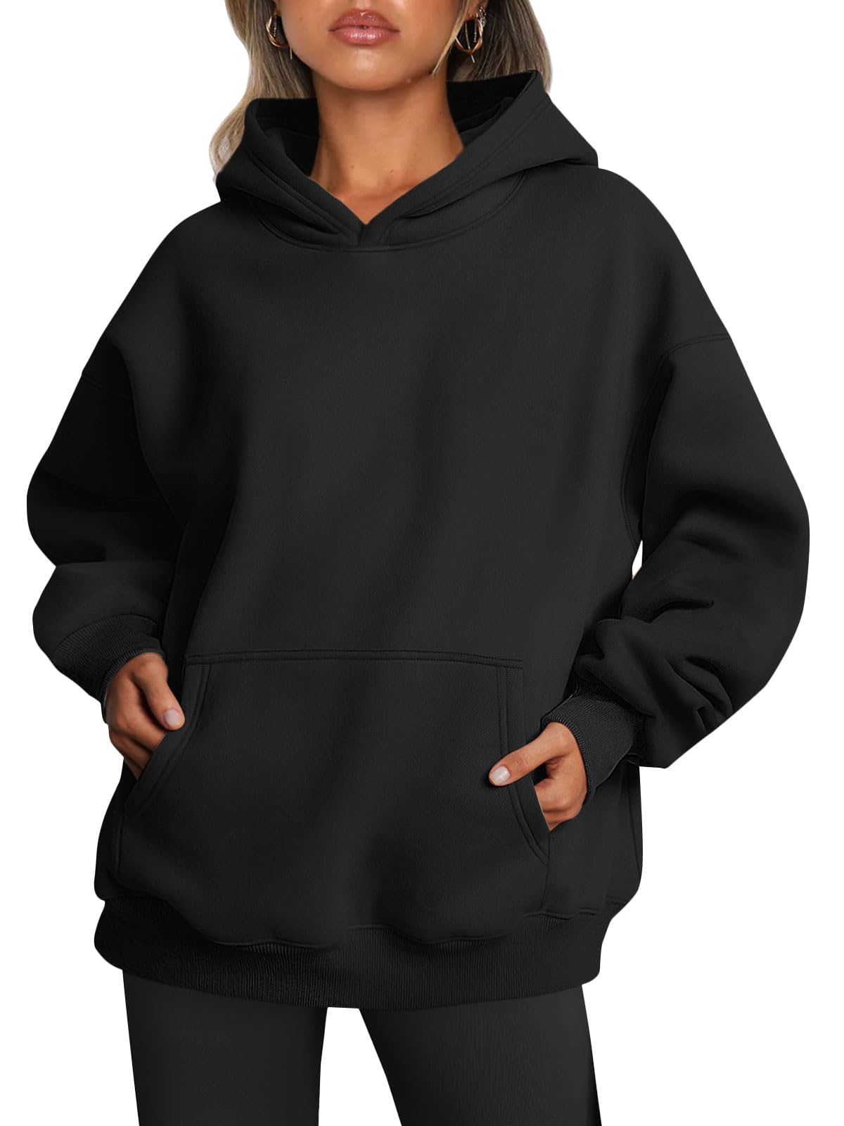 Minimalist Black Oversized, Fleece Lined Women's Sweatshirt, Hoodie w/Pockets