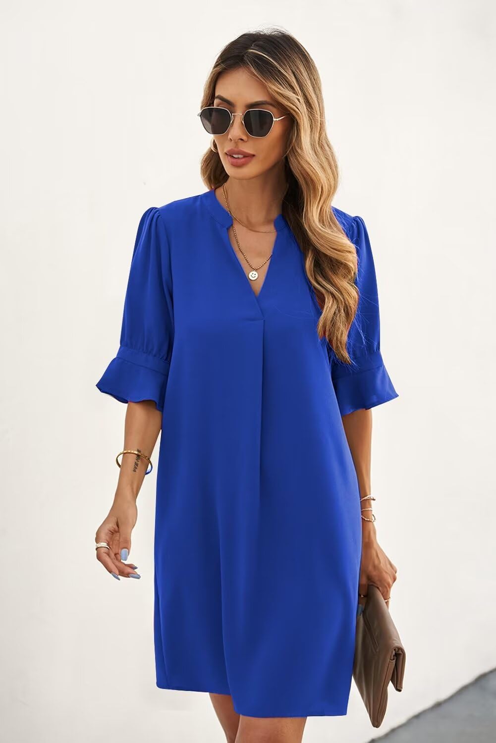 Minimalist Royal Blue Short Sleeve Women's V Neck Ruffle T-Shirt Dress