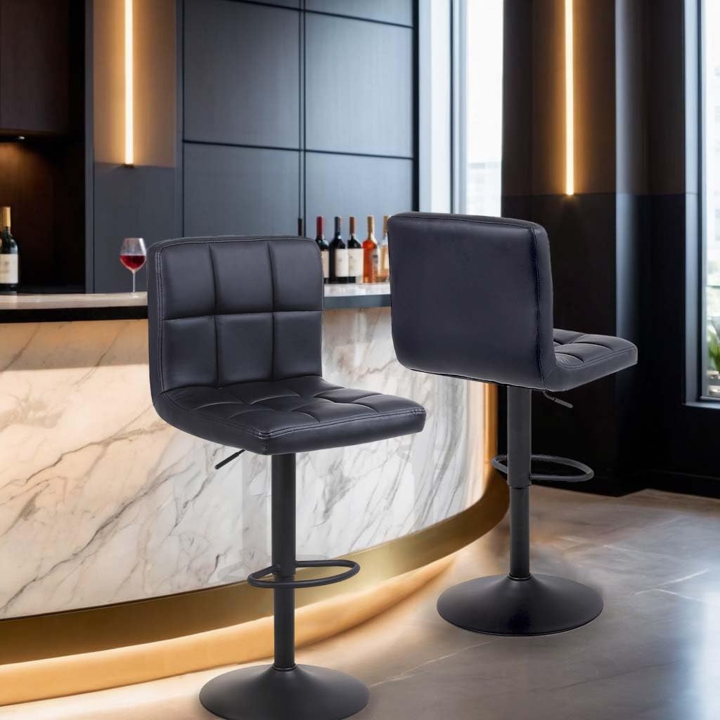 Minimalst Black LENNOX Furniture 360-Degree Swivel Adjustable Height Bounded Leather Bar Stools, Set of 2
