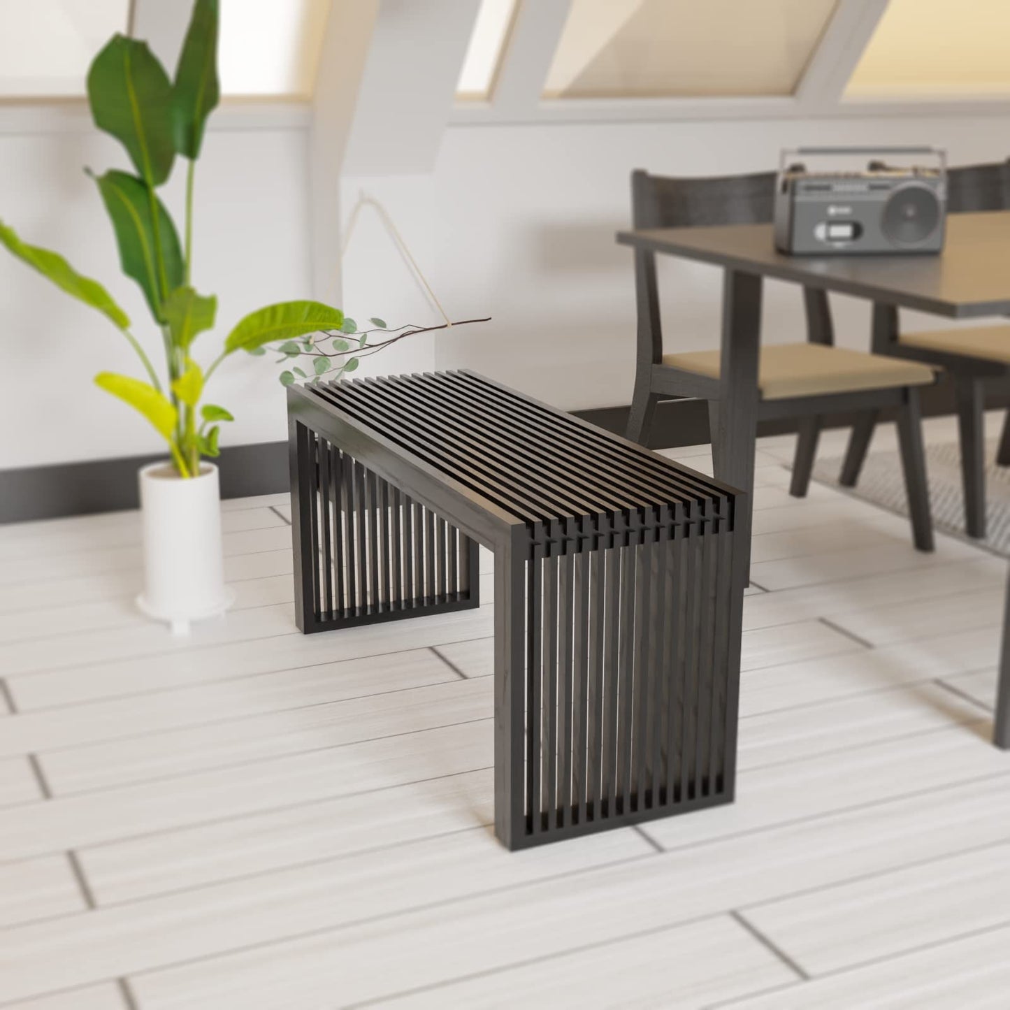 Minimalist Black Bamboo Bench: Sustainable Design with Grille-Inspired Details