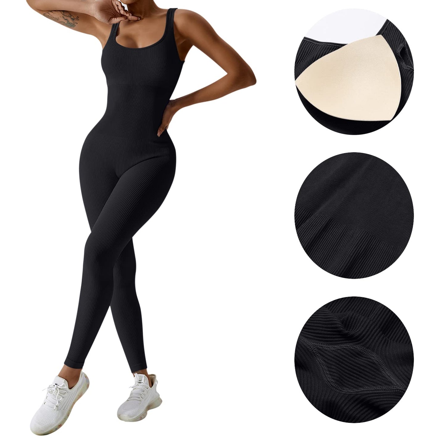 Minimalist Black Ribbed, Sleeveless Women's Yoga Full Length Jumpsuit