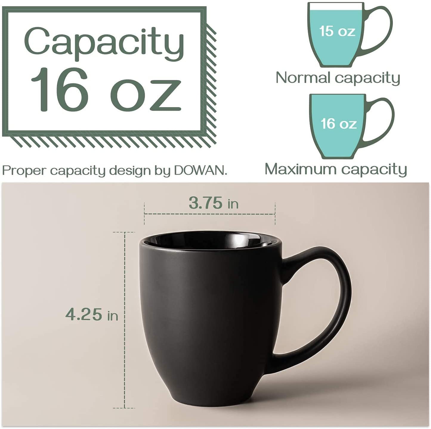 Minimalist Black 16 oz Coffee Mug Set, Set of 6 - Matte Black Design