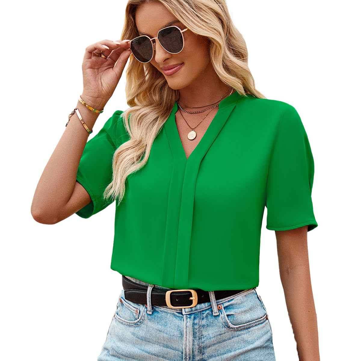 Minimalist Green Women's Short Sleeve V Neck Flowy Blouse