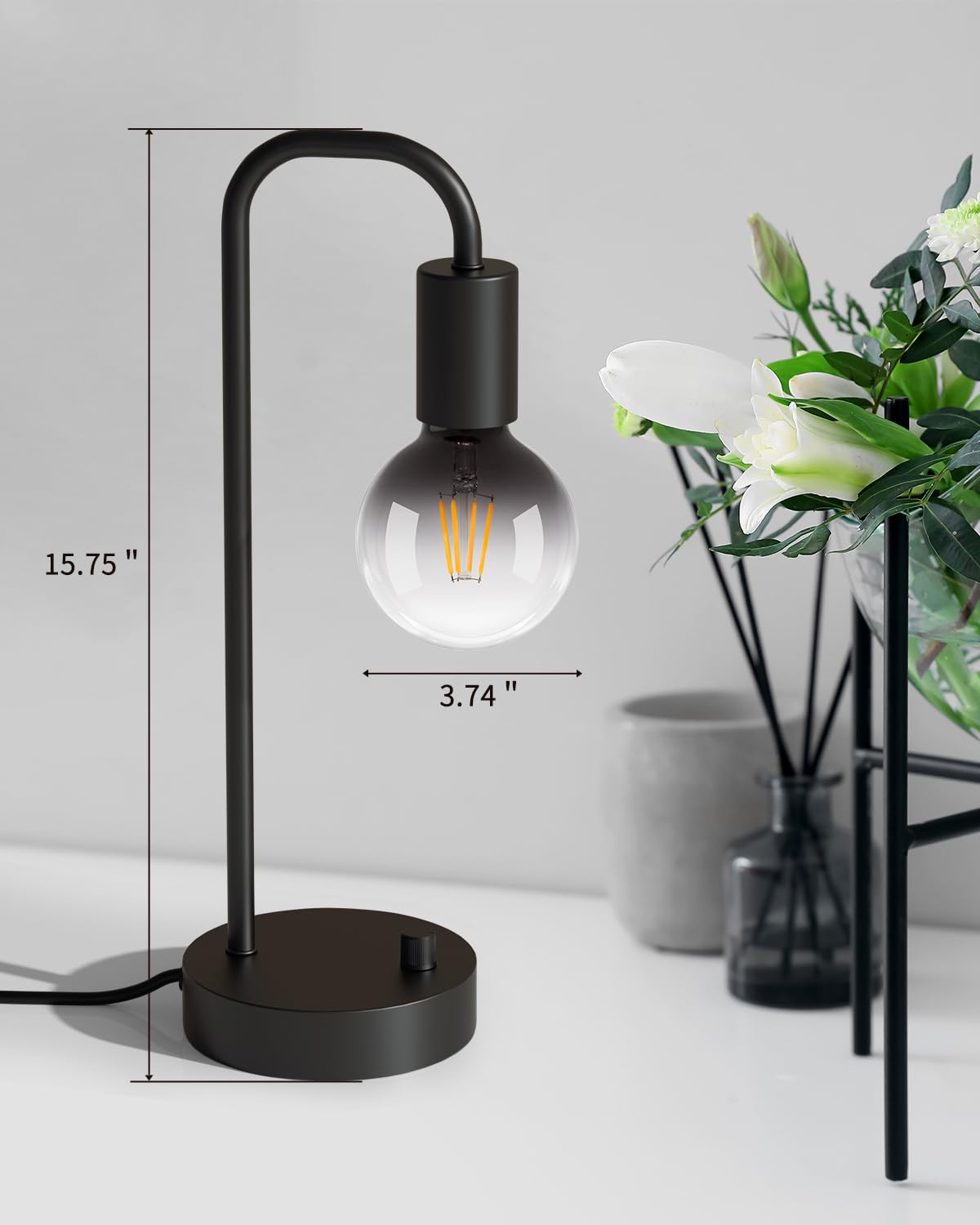 Minimalist Black Industrial Dimmable Table Lamp with Gradient Black Art LED Bulb, Set of 2