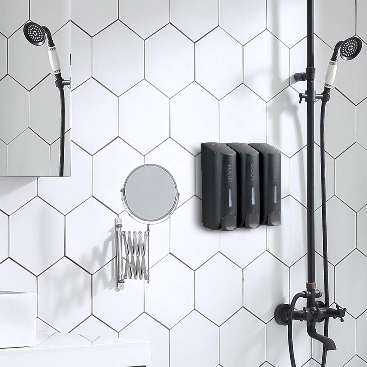 Minimalist Black Wall Mount Dispenser Trio for Bodywash, Shampoo, Conditioner