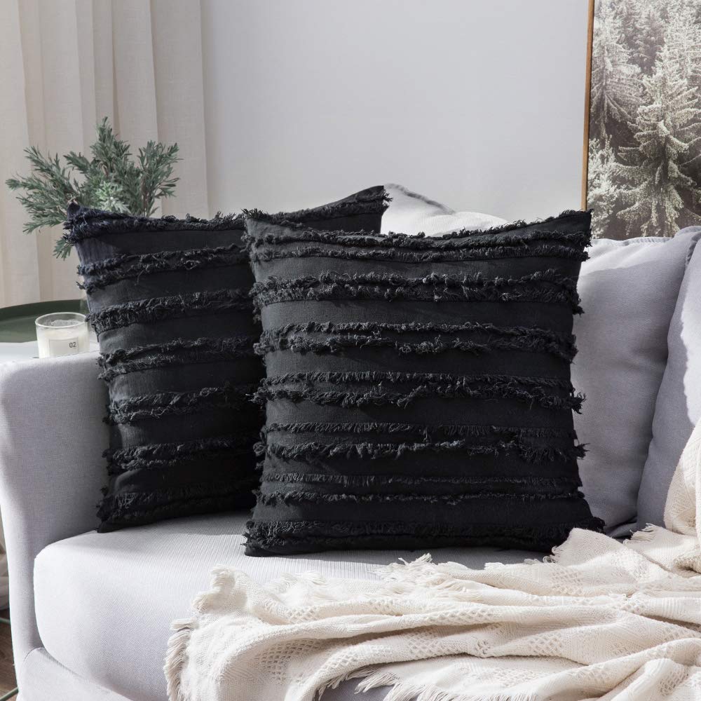 Minimalist Black Boho Throw Pillow Covers, Striped Jacquard Pattern 18"x18", Set of 2