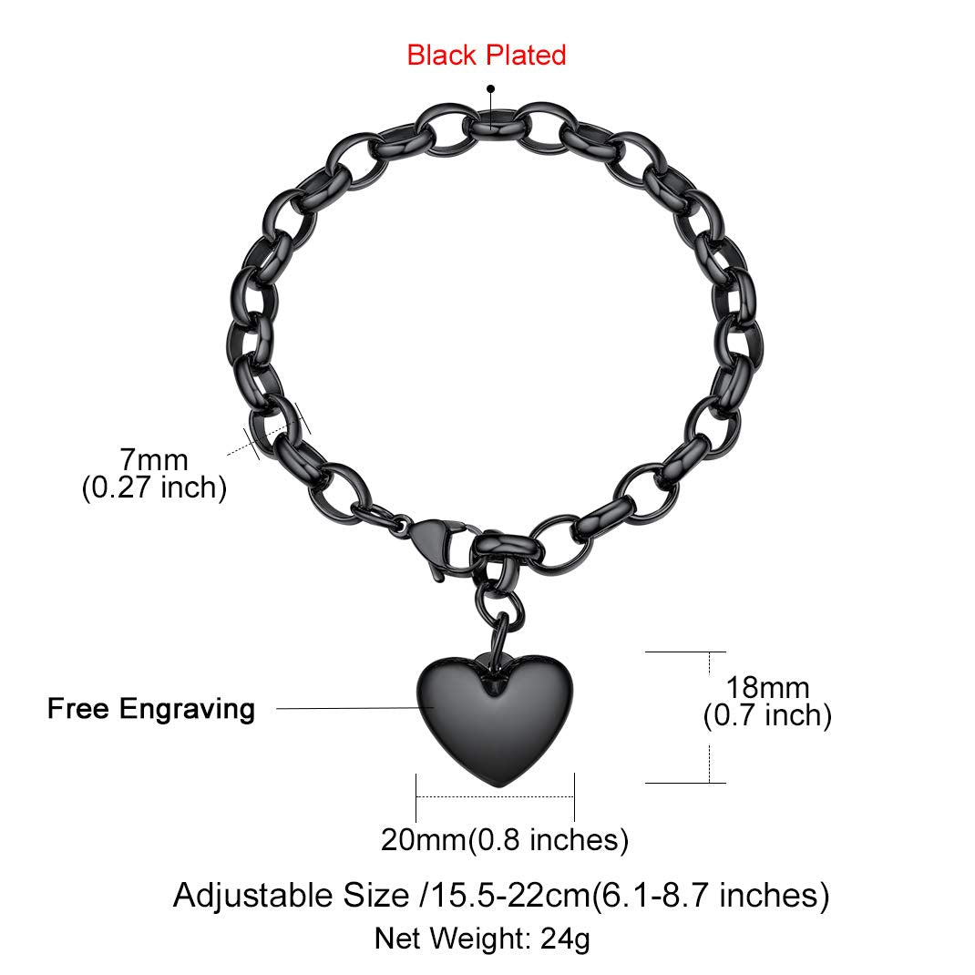 Minimalist Black Link Heart Charm Bracelet