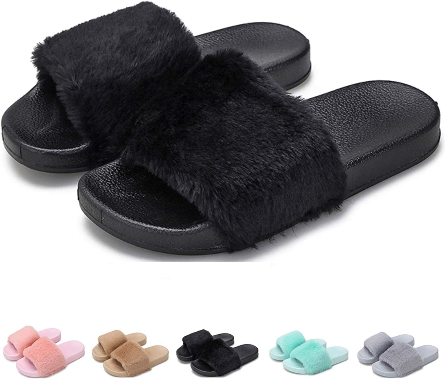 Minimalist Black Faux Fur Women's Open Toe, Indoor/Outdoor Slippers, Slides, Flats