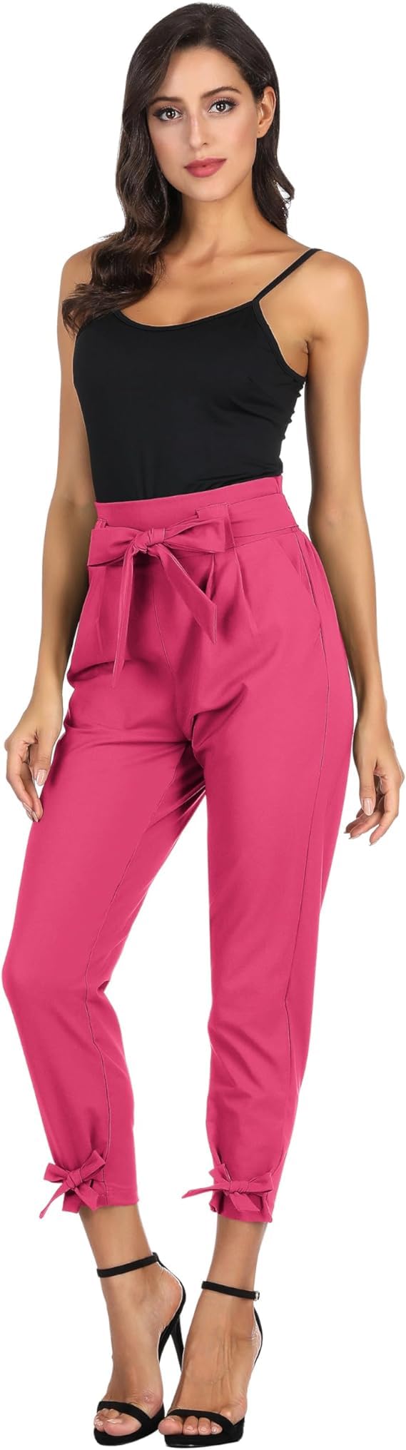 Minimalist Hot Pink Cropped Paper Bag Waist Pants with Pockets