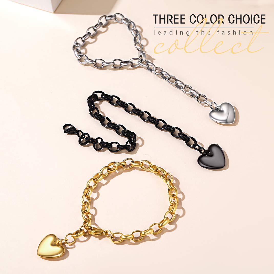 Minimalist Black Link Heart Charm Bracelet