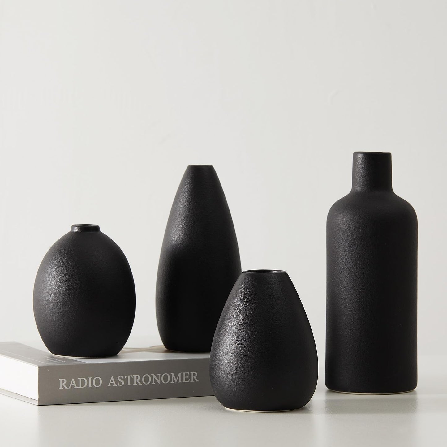 Minimalist Black Ceramic Vases for Flowers, Centerpieces, Dining Room, Office, Bedroom Entryway Table, Bookshelf, Set of 4