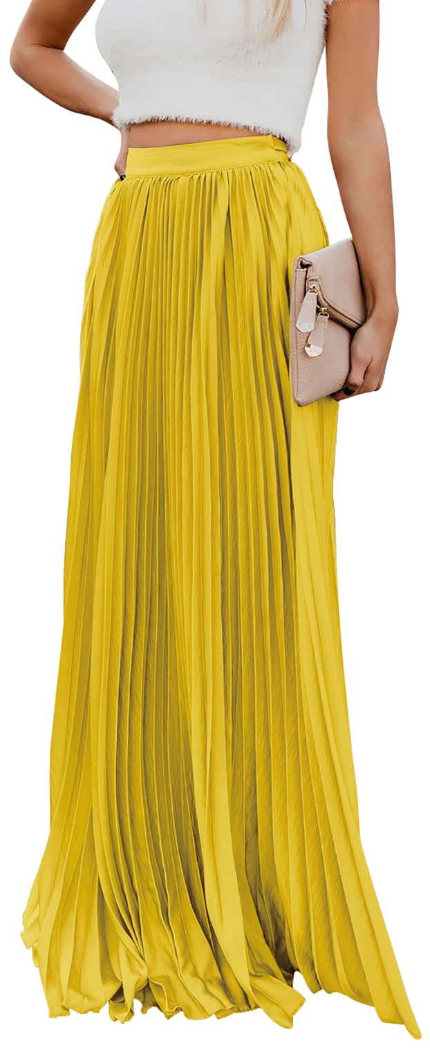 Minimalist Bright Yellow Women's High Waist Flowy Pleated Chiffon Maxi Skirt