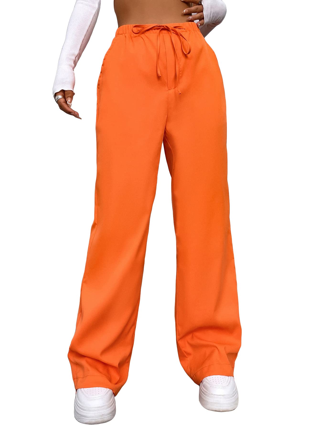 Minimalist Orange Casual Tie Front Elastic High Waisted Women's Cargo Pants, Trousers