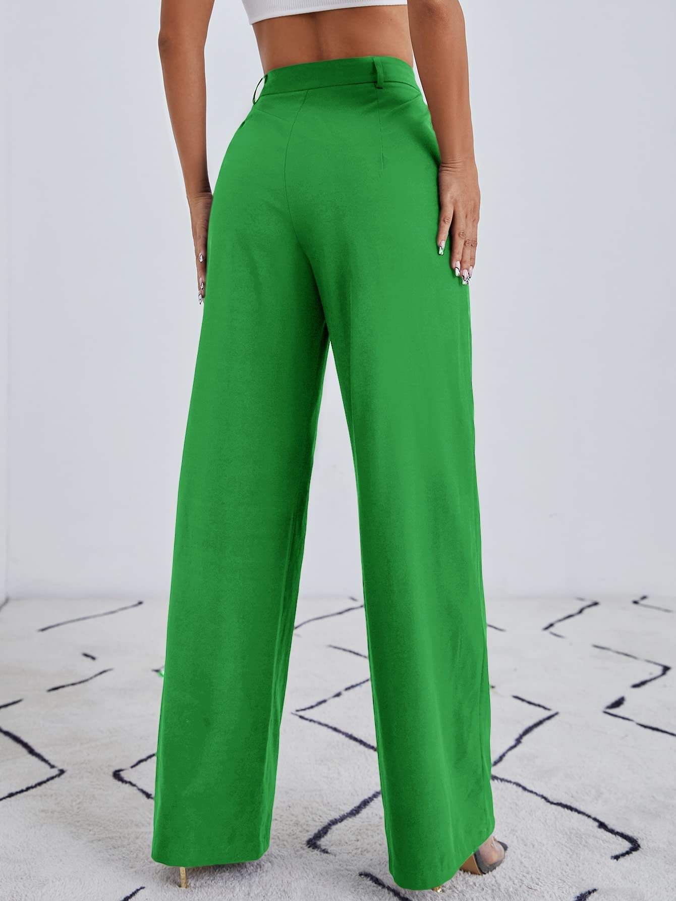 Minimalist Green High Waisted Palazzo Wide Leg Pants with Pockets