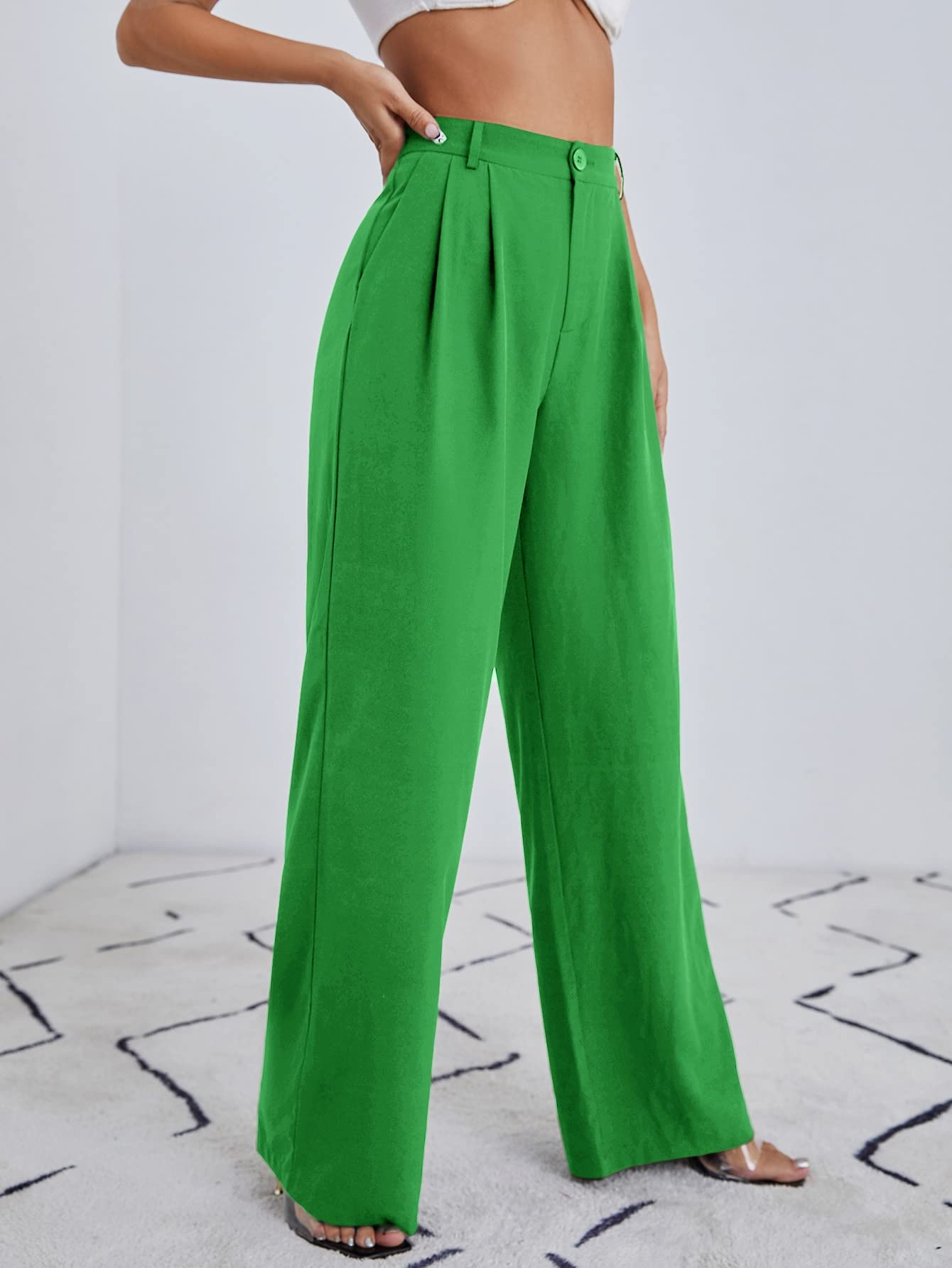 Minimalist Green High Waisted Palazzo Wide Leg Pants with Pockets