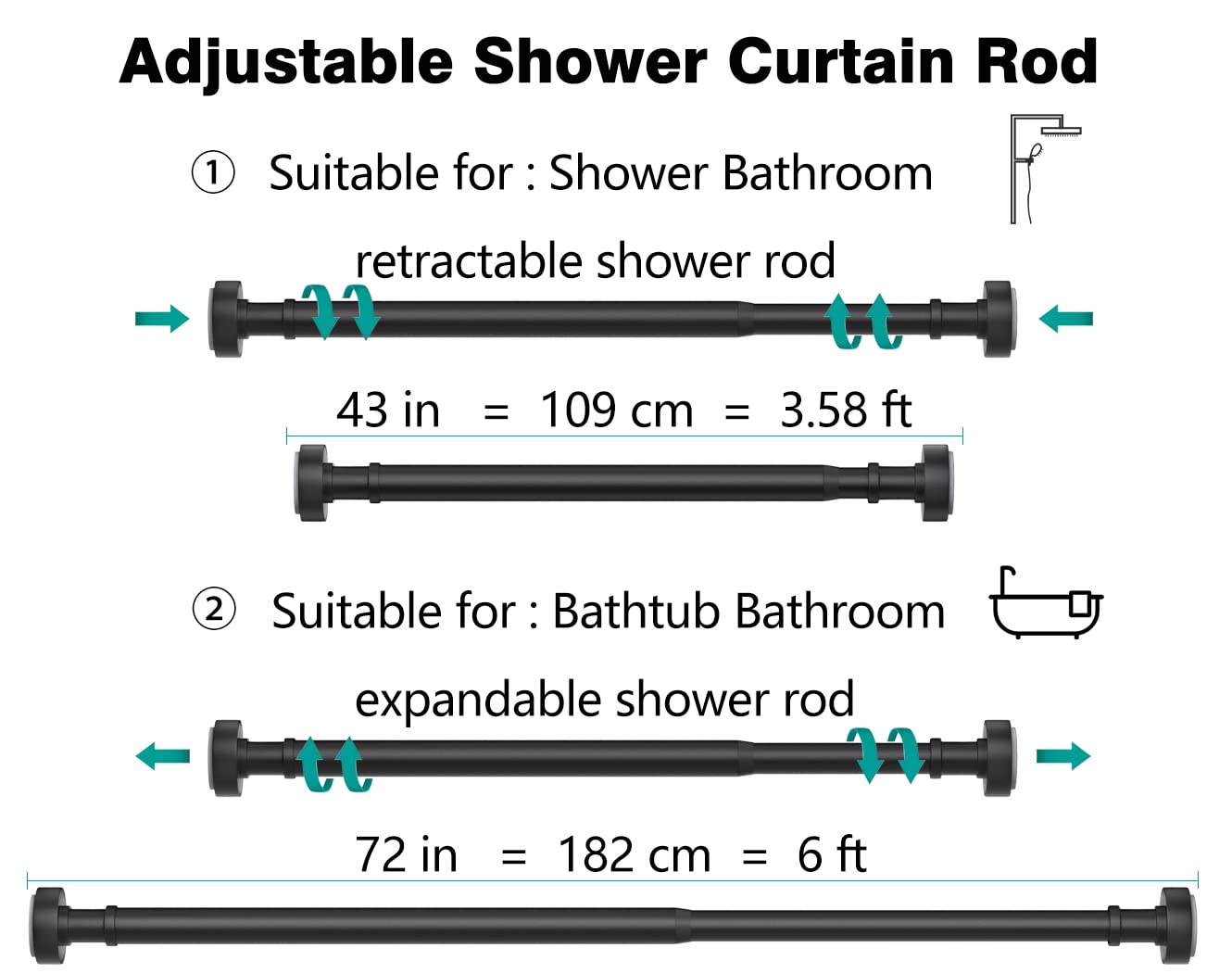 Minimalist Black 43-72" Adjustable Tension Rod with Anti-Rust Protection - Ideal for Bathroom, Bedroom, Kitchen, Balcony