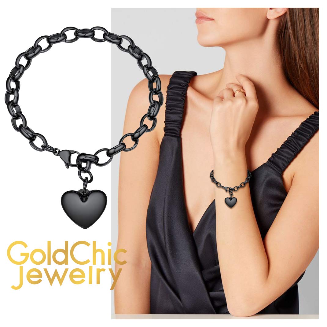 Minimalist Black Link Heart Charm Bracelet