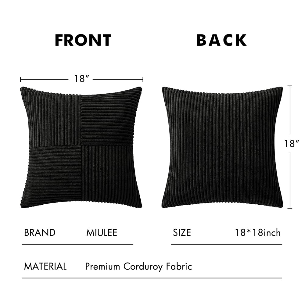 Minimalist Black Corduroy Throw Pillow Covers 18" x 18", 2pcs