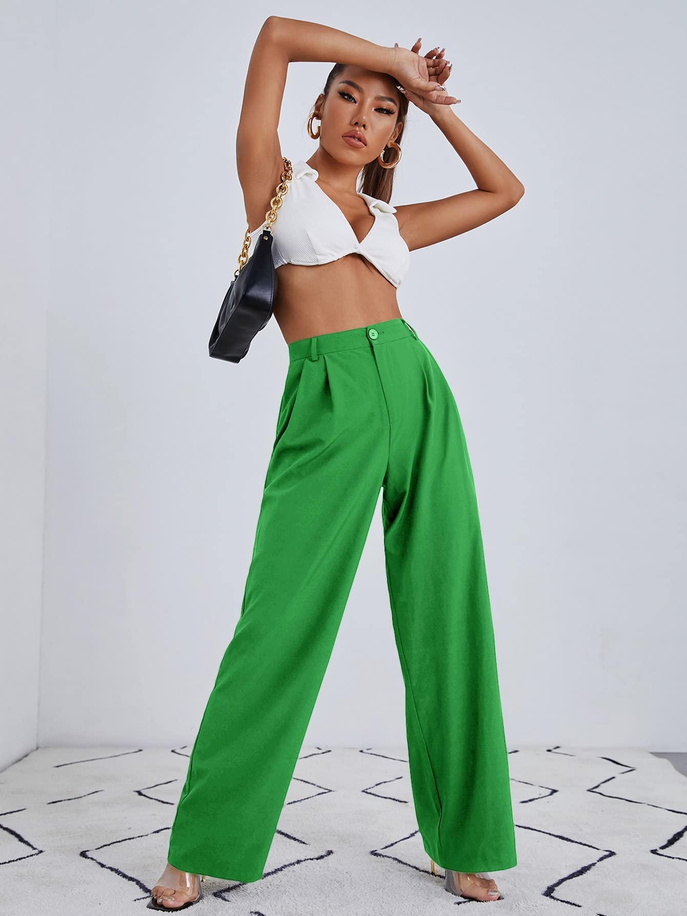 Minimalist Green High Waisted Palazzo Wide Leg Pants with Pockets