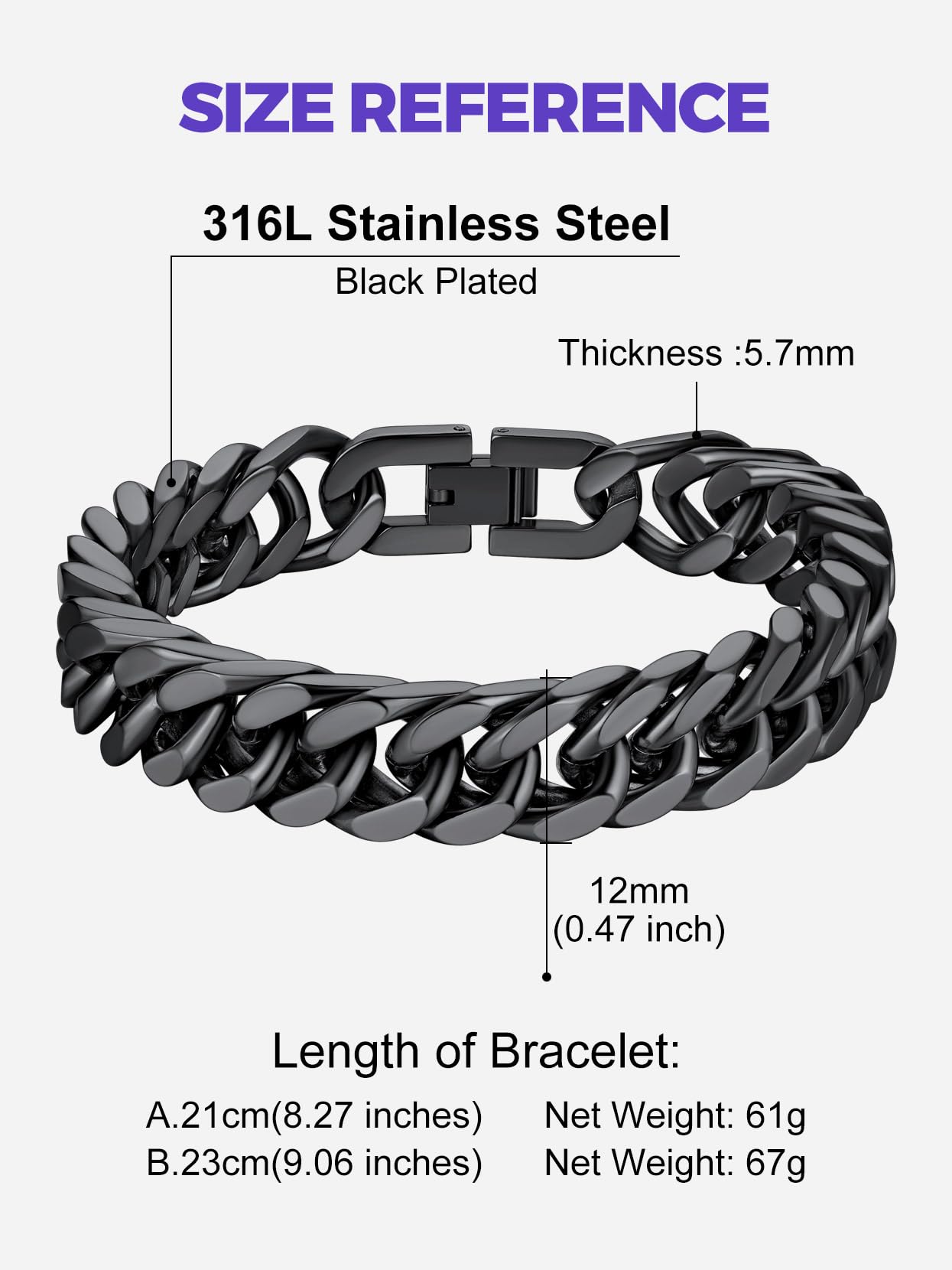 Minimalist Black 12mm Wide Chunky Cuban Link Curb Chain Bracelet