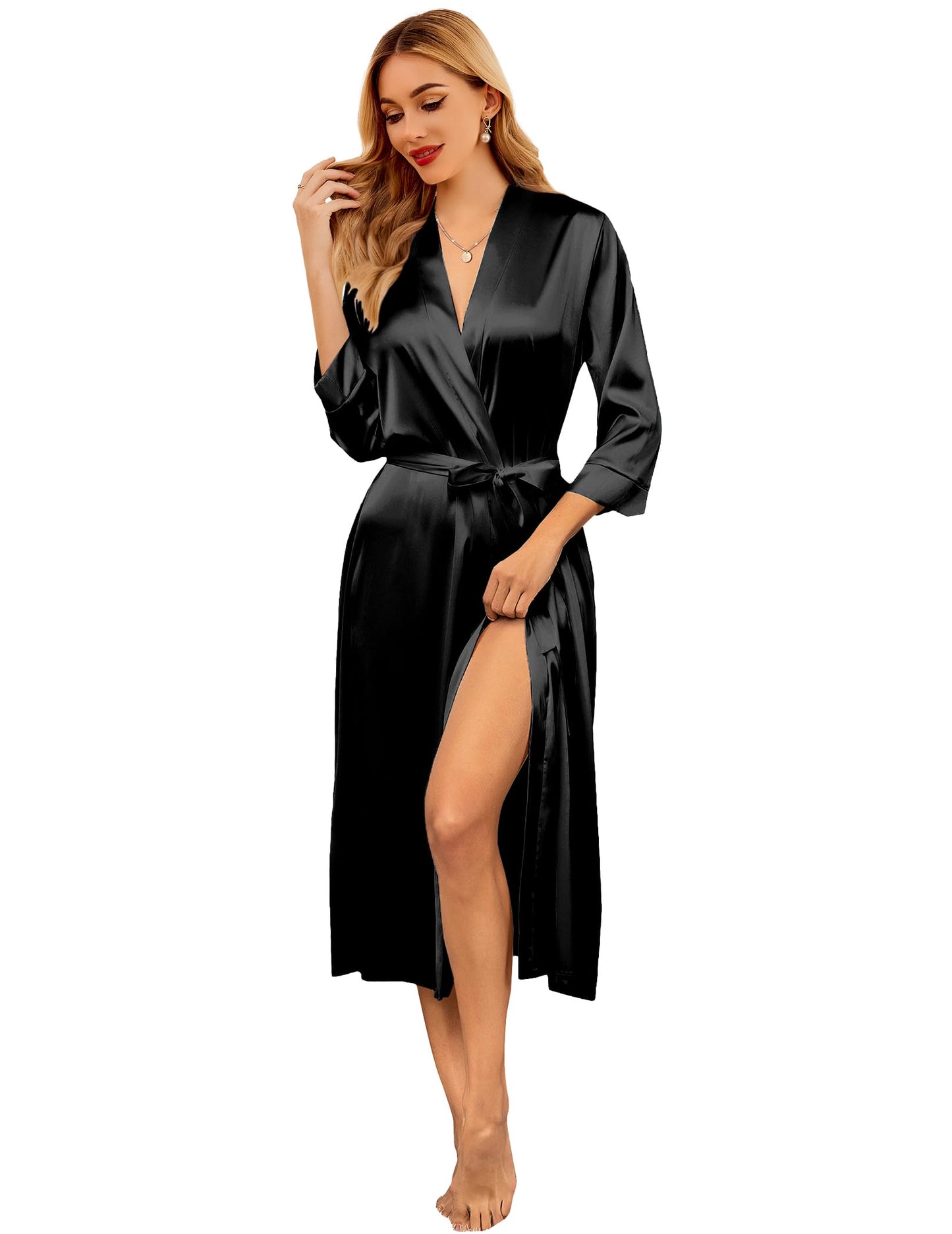 Minimalist Black Women's Silk Satin Bathrobe, Loungewear