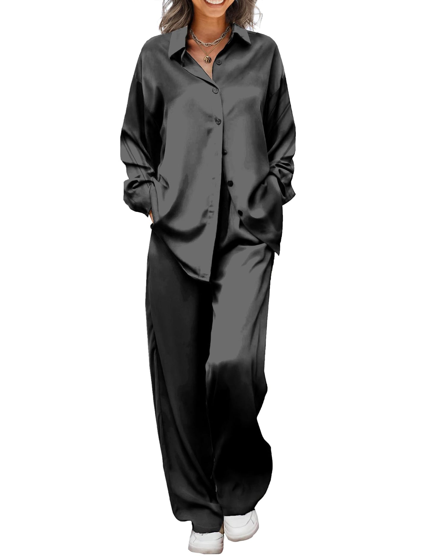 Minimalist Black Satin Women's Pyjama, Loungewear, Long Sleeve Shirt Pants, 2 Piece Set