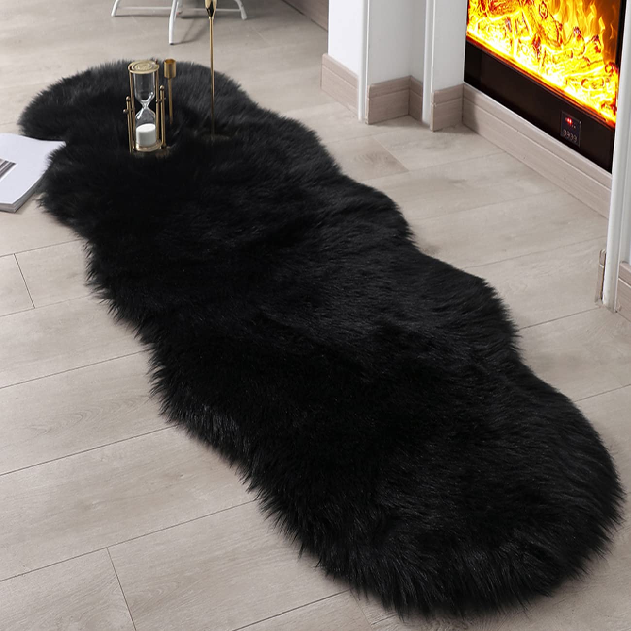 Minimalist Black Fluffy Faux Sheepskin Rug, 2'x6'