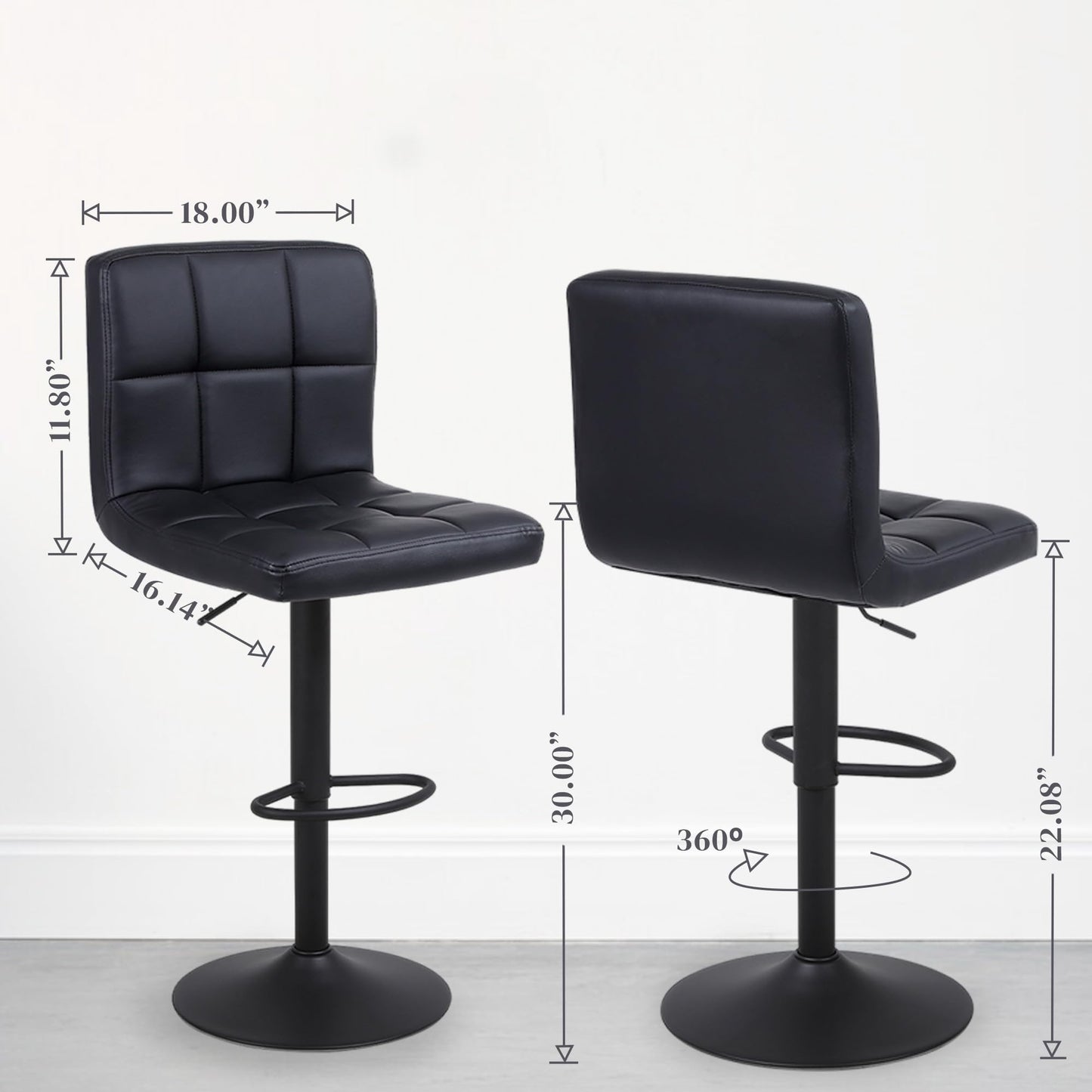 Minimalst Black LENNOX Furniture 360-Degree Swivel Adjustable Height Bounded Leather Bar Stools, Set of 2