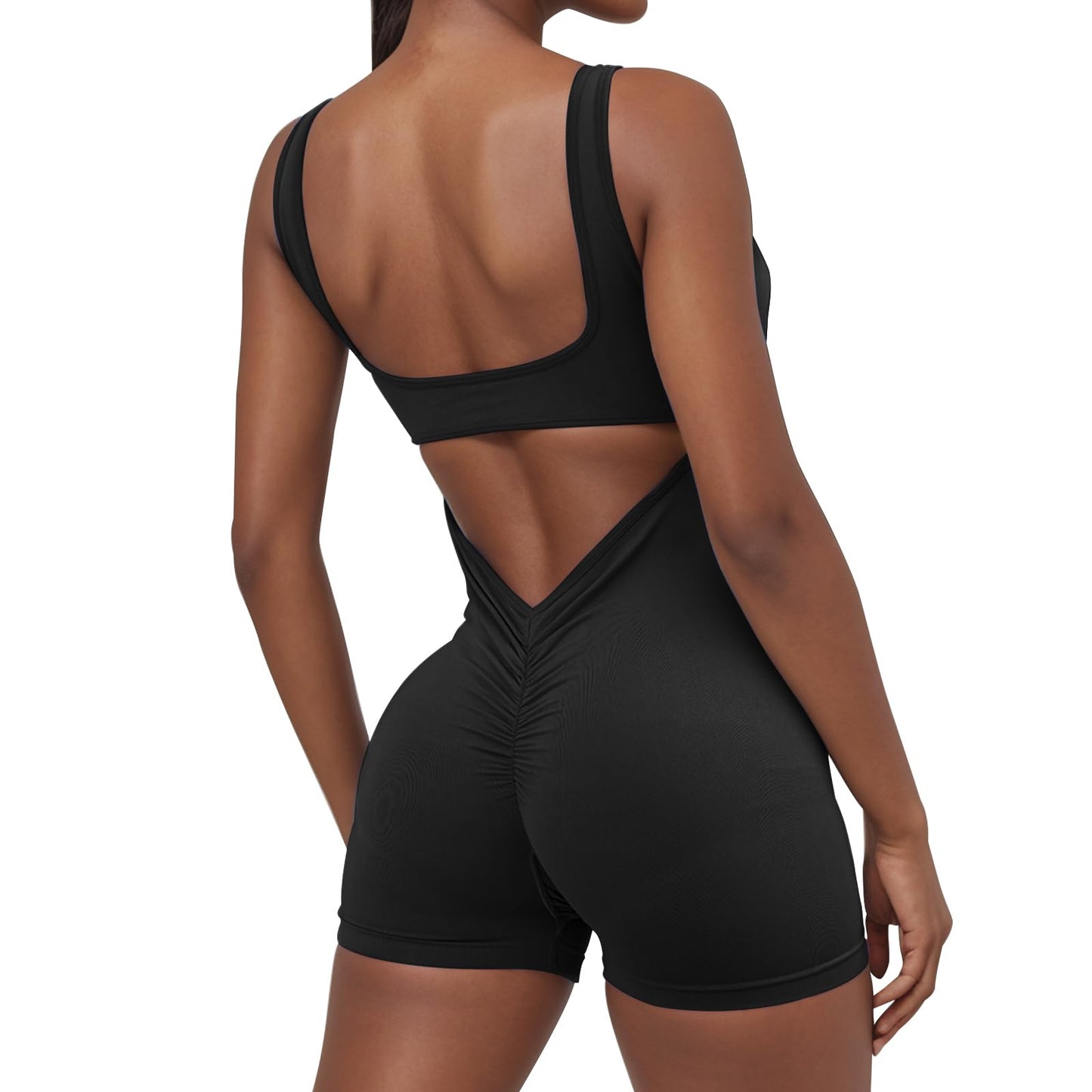 Minimalist Black Women's Sleeveless, Backless, V-Back Jumpsuit, Bodysuit, Romper