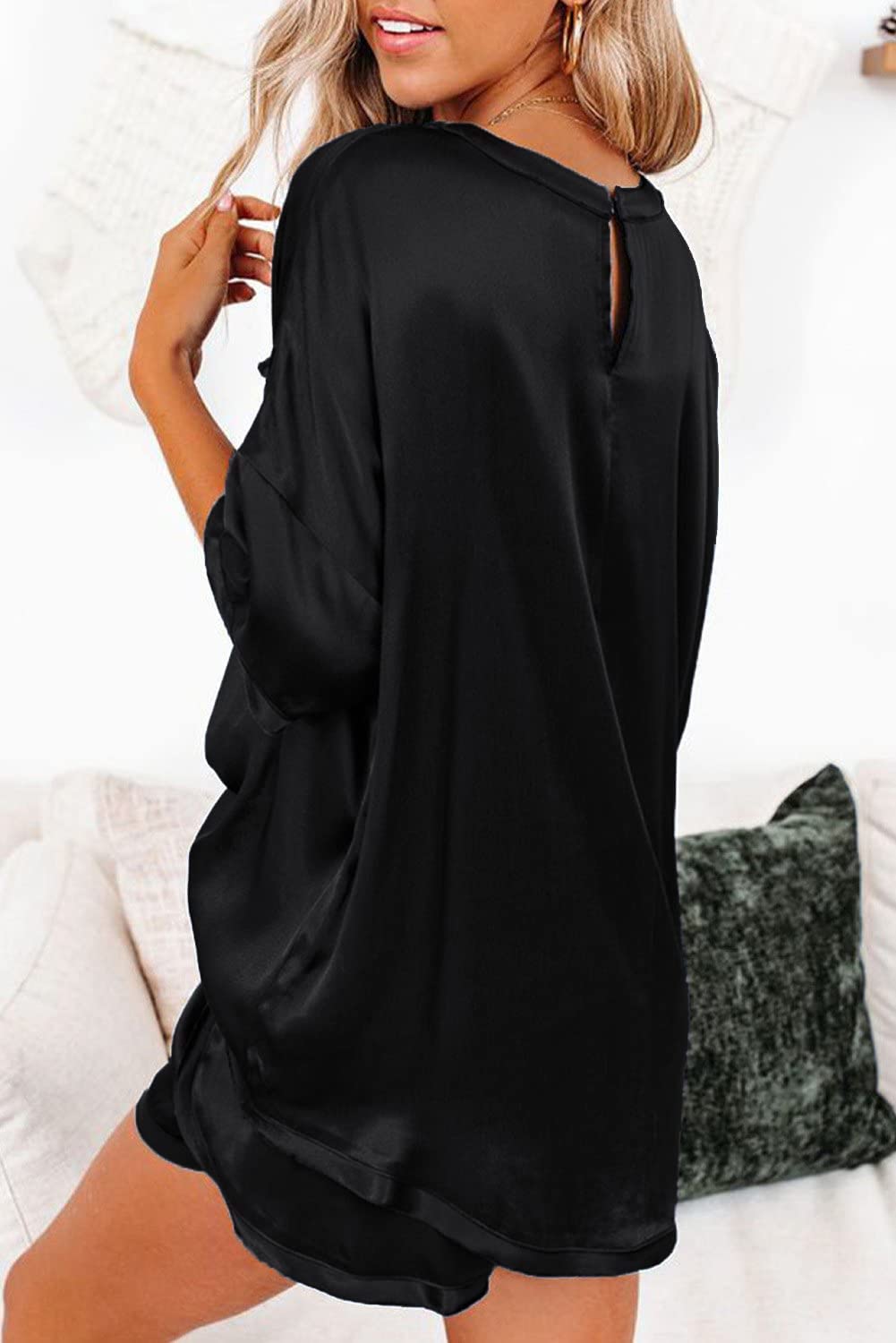 Minimalist Black Satin Women's Pyjama, Loungewear Short Sleeve and Shorts, 2 Piece Set