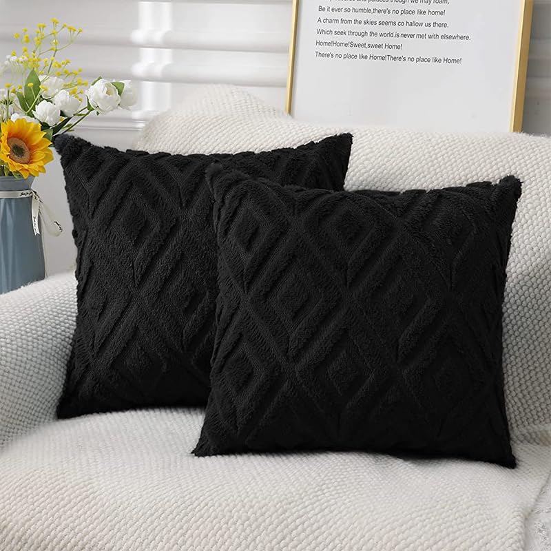 Minimalist Black Plush Faux Fur + Velvet Throw Pillow Covers 18" x 18", 2pcs